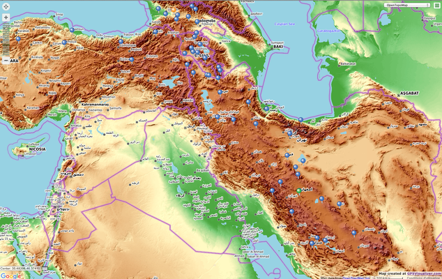 Carte Opentopomap/. Les points bleus sont nos bivouacs