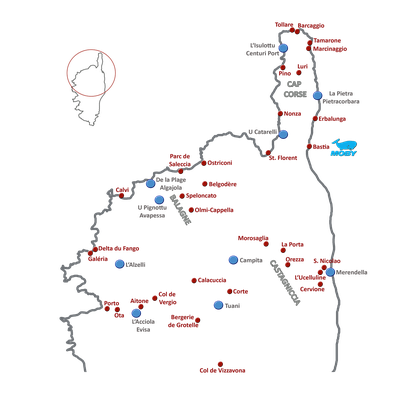 Unsere Route auf Korsika (rot: besuchte Orte, blau: unsere Übernachtungen)