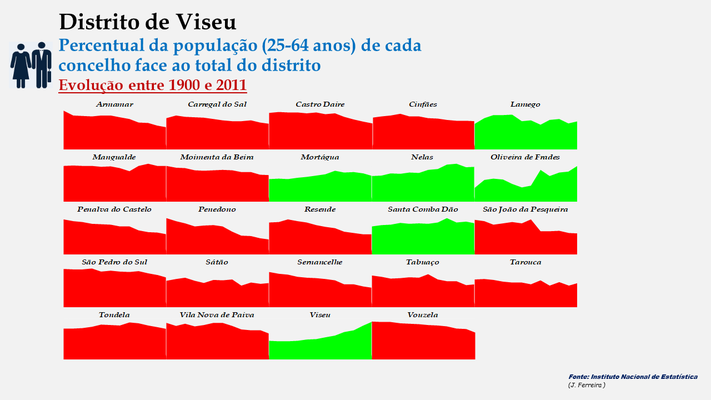 Distrito de Viseu – Evolução da percentagem dos concelhos relativamente ao total da população (25-64 anos) do distrito.