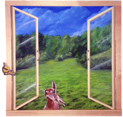 mein Part: Details. Aus "friedvolle Landschaft" wurde "der glückliche Hase". Rahmen aus Holz, Fenster, Schmetterling und Hase gemalt.