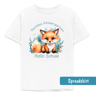 Kindergartenabschieds T-Shirt - Motitv niedlicher Fuchs in Aquarelldesign - Text Tschüss Kindergarten - Hallo Schule