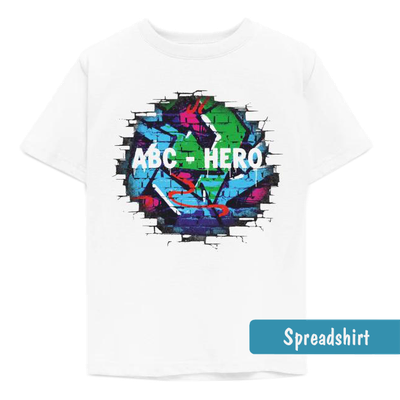 Rundes Graffiti-Logo auf Backsteinmauer mit buntem Splatter-Hintergrund und weißem Sprühschriftzug „ABC - HERO“ mit verlaufenden Farbtropfen.
