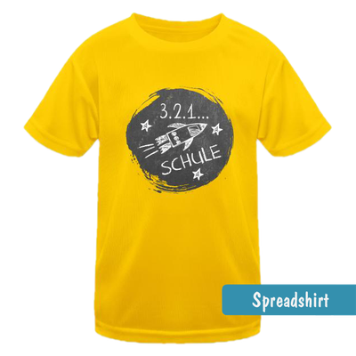 Kinder-T-Shirt mit Rakete, Sternen und Countdown im Kreide-Stil auf einem runden, dunklen Tafel-Hintergrund, Text: Schule