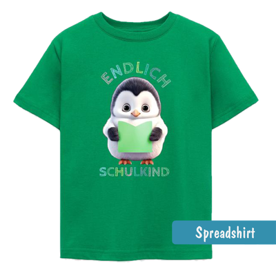 Einschulungs T-Shirt mit niedlichem Pinguin der ein grünes Heft in den Händen hält - Text in bunter Kreideschrift - Endlich Schulkind
