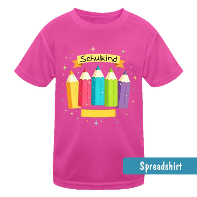 Einschulungs-T-Shirt mit Buntstiften, Sternen, Banner Schulkind und Feld zum Personalisieren.
