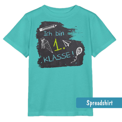 Kinder T-Shirt zum Schulanfang mit Tafeloptik-Design mit Kreideschrift Text - Ich bin 1. Klasse in blau und grün