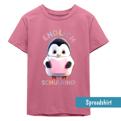 Einschulungs T-Shirt mit niedlichem Pinguin der ein rosa Heft in den Händen hält - Text in bunter Kreideschrift - Endlich Schulkind
