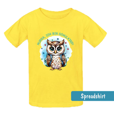 T-Shirt  zum Schulstart mit niedlicher Eule und Schulrucksack im Aquarell-Design - Hurra, ich in Schulkind. - Farbe petrol - türkis