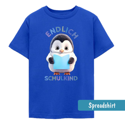 Einschulungs T-Shirt mit niedlichem Pinguin der ein blaues Heft in den Händen hält - Text in bunter Kreideschrift - Endlich Schulkind