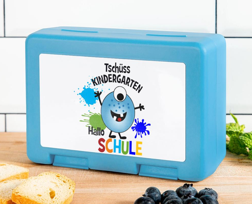 personalisierbare Brotdose - Lustiges blaues Monster - Farbkleckse - Tschüss Kindergarten - Hallo Schule