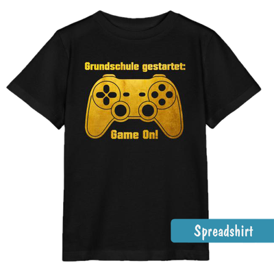 schwarzes Kinder T-Shirt zum Schulanfang mit  goldfarbener Spielkonsole und Text: Grundschule gestartet, Game on!