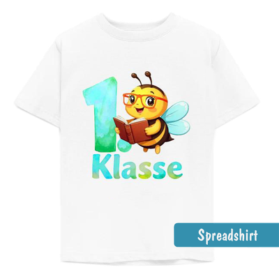 Niedliches Bienen-Motiv zur Einschulung mit Brille, Buch und dem Text „1. Klasse“ in blauer Aquarell-Optik für schlaue Schulkinder.