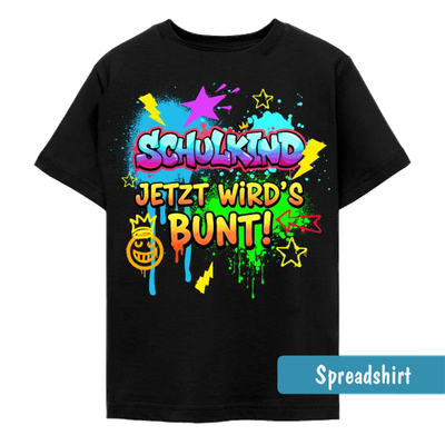 Farbenfrohes Graffiti-Design mit dem Schriftzug „Schulkind Jetzt wird's bunt!“ mit Sternen und Blitzen.