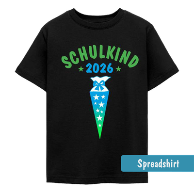 Einschulungs-T-Shirt mit einer blau-grünen Schultüte voller Sterne, Text Schulkind 2026.