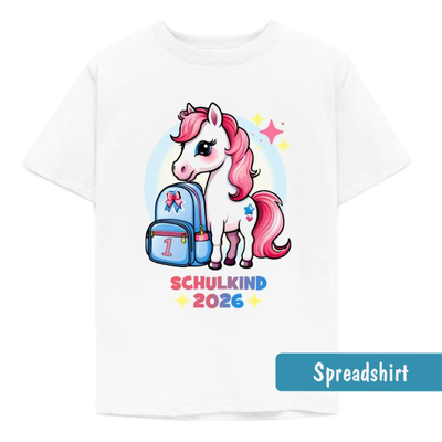 Einschulungs-T-Shirt mit weißem Einhorn, Schultasche und rosa Mähne, Sternen und dem Text Zauberhafte Einschulung 2026
