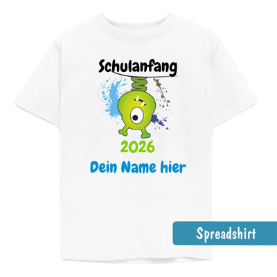 Kinder-T-Shirt mit einem lustigen, kopfüber hängenden grünem Monster, mit blauen Farbspritzern, personalisierbar