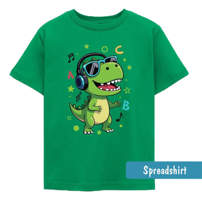 Schulstart T-Shirt grüner T-Rex mit Kopfhörern,  rund herum sind Musiknoten, ABC Buchstaben, Sterne und Kreise 