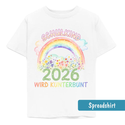 Ein farbenfrohes Einschulungsmotiv mit einem großen Regenbogen, der über einer Wiese aus bunten Aquarell-Blumen in Gelb, Rosa und Blau steht. Der Text „SCHULKIND 2026 WIRD KUNTERBUNT“ rahmt das Design in verspielten, hellen Buchstaben ein.