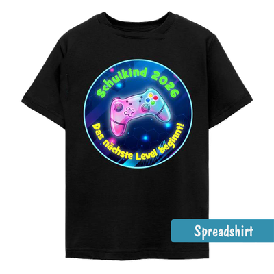 Leuchtender Neon-Controller im Cyber-Stil mit den Schriftzügen „Schulkind 2026“ und „Das nächste Level beginnt“ für kleine Gaming-Fans.