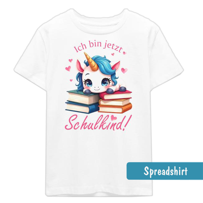 Einschulungs-T-Shirt mit kleinem Einhorn auf einem Bücherstapel im Aquarell-Design und dem Text Ich bin jetzt Schulkind!