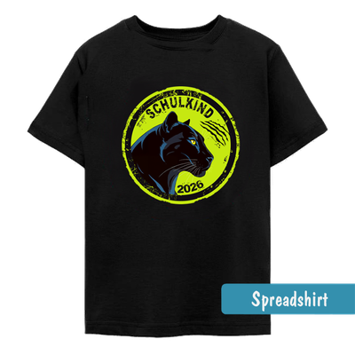 Cooles Abzeichen-Motiv mit schwarzem Panther auf grünem Grund, Kratzspuren und Text „Schulkind 2026“ für die Einschulung.