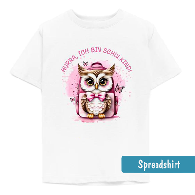 T-Shirt  zum Schulbeginn mit niedlicher Eule und Schultasche im Aquarell-Design - Hurra, ich in Schulkind. - Farbe rosa