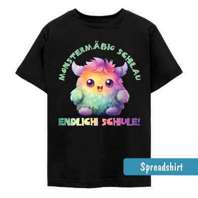 Fröhliches buntes Wuschelmonster mit großem Lächeln für die Einschulung - Monstermäßig schlau - endlich Schule!