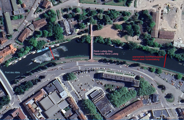 unerwartete Schifffahrtssperre in Saargemünd (© GoogleEarth)