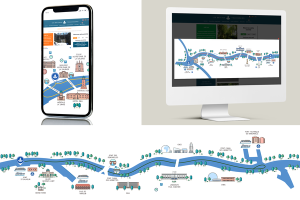 Conception de trois plans en flat design, visites commentés sur la Garonne, les bateaux Toulousains.