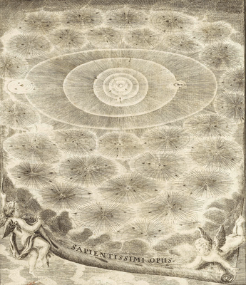 Gravure d'après un destin de Bernard Picart pour illustrer la pluralité des mondes (1728)