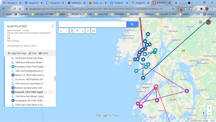 Printscreen från Google Maps "Min karta" över platser där släkt bott på - detaljbild