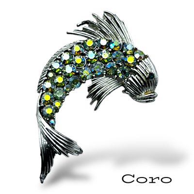 Vintage sparkling AB stones  Coro with Rhinestone Green Eyed Koi Fish pale Gold Tone Brooch Pin- Art.564/5