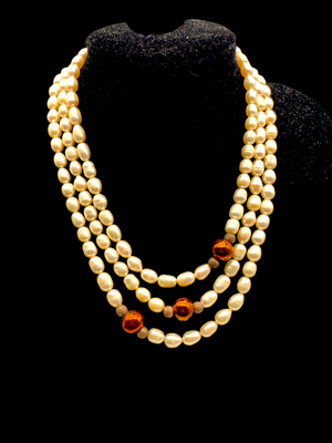 Ivory luster natural Baroque Pearls 3 strands necklace ornate by chocolate glass beads-925 sterling gold wash Clasp w/Italian mark-art.336/5
