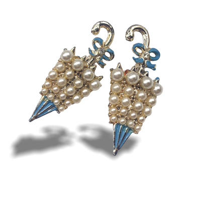 Adorable umbrella/parasol twins Pins - jeweled with glass pearls, pale blue enamel e clear rhinestones accents - 2 pieces - Art.98/6