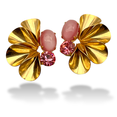 Eye-catching  pink and gold clip-on earrings - showy look for a original 1970s  specular fan design earrings  -Art.710/6