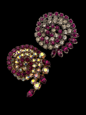 Two pins/brooches vortex or spiral design in clear and fuchsia sparkling stones - two adorable sister pins - Art.181/5
