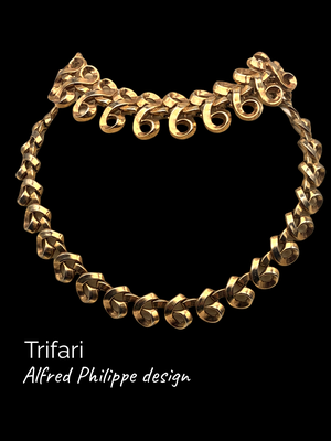Vintage Crown Trifari Scroll Necklace & Bracelet Set Alfred Philippe Pat Pend 1950 - Superb gold Trifanium design - art.640/4