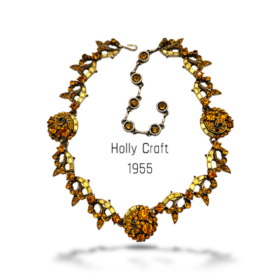 Mid Century Hollycraft choker necklace Gold Tone Topaz and jonquils yellow Rhinestone Floral Swirls -- Art.695/6