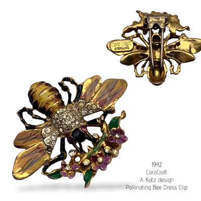 Coro Craft sterling silver enamel bee pollinating flowers dress/fur clip- a rare collector's piece - - Art.279/6
