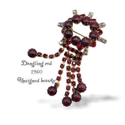 Vintage rhinestone dangle Brooch with quality Art Glass Cabochons pronged on gold tone setting - 1960s fringe/tassel pin - art.418/6