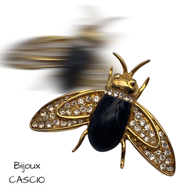 Rare Cascio signed figural moth / fly pin in gold plated with black enamel and clear Swarovski crystals -- art.228/5