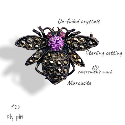 Antique Fly/butterfly/ figure brooch 925 sterling signed - unfoiled crystals with dazzling Marcasite c.1910s Highly collectible- Art.985/5