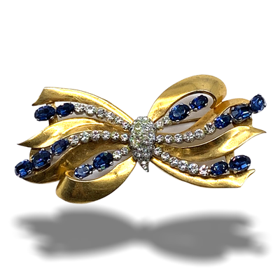 Authentic Retro Antique bow design Brooch w/sparkling midnight blue stones and clear -40s ribbon Brooch Large Statement design-Art.619/6
