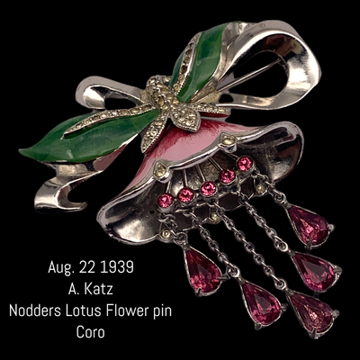 1930s Adolph KATZ CORO rare enameled Nodders Lotus Flower Brooch w/freely pendant stamens and jeweled bow - Art.170/6