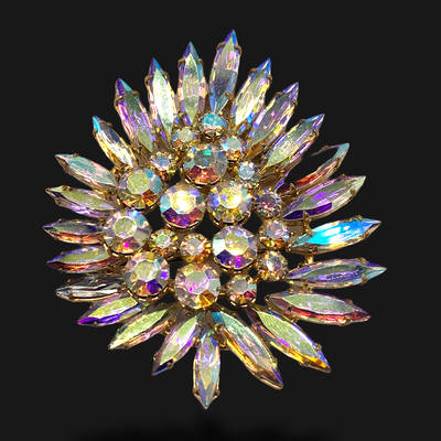 50s Vtg sparkling strong pastel colors superb AB rhinestones layered Drop Brooch- Quality stones on gold tone setting-art.374/6