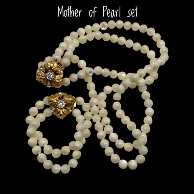 Luminous Mother of Pearl MOP Beaded two strands Necklace and bracelet set w/jeweled flower clasp -Art.755/5