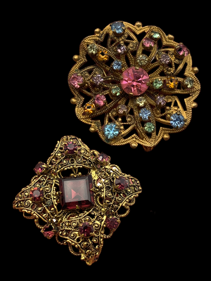 European old jewels - extraordinary pair of filigree Czech brooches - quality stones and wonderful light - 2pcs - Art.524/5