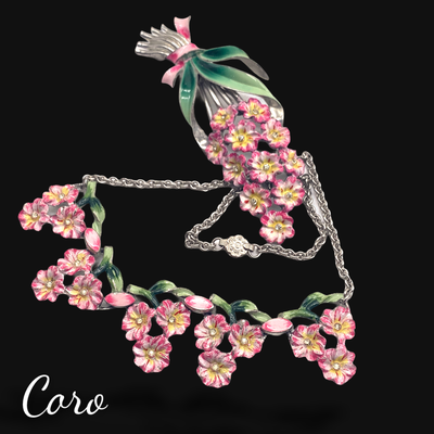 Early Coro Enamel and Rhinestone Floral Bouquet set- wisteria flower necklace & brooch set with with a terrific enameled work- Art.604/6