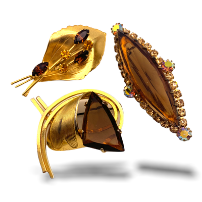 Vintage Brooches DeStash lot of three Rhinestone Brooches - Magnificent glass Topaz stones - exquisite design and dazzling- art.751