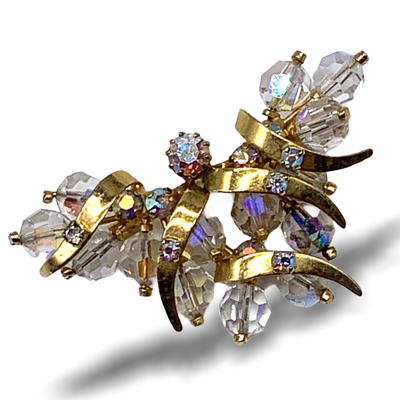 Iridescent Beads & Rhinestone Brooch Colorful Aurora Borealis Coats w/gold ribbons - Butterfly shaped has myriad of sparks-art.559/6